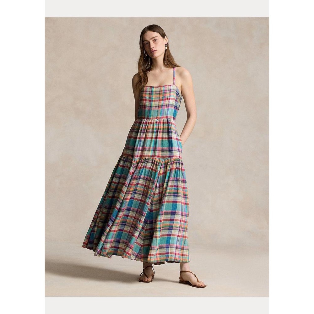 Polo Ralph Lauren Linen Maxi Tiered Plaid Madras Spaghetti Strap Dress Size 2